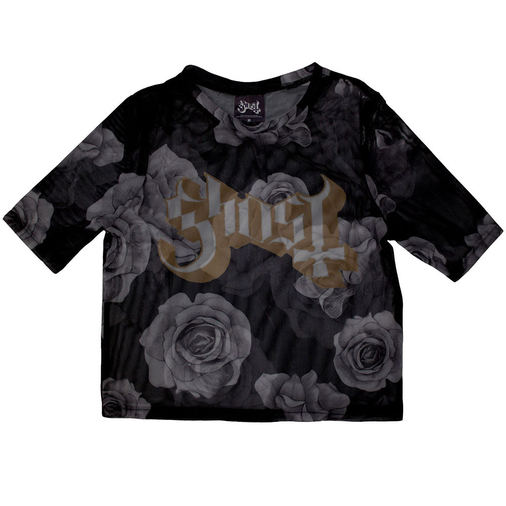 Ghost Logo And Roses Mesh Crop Top